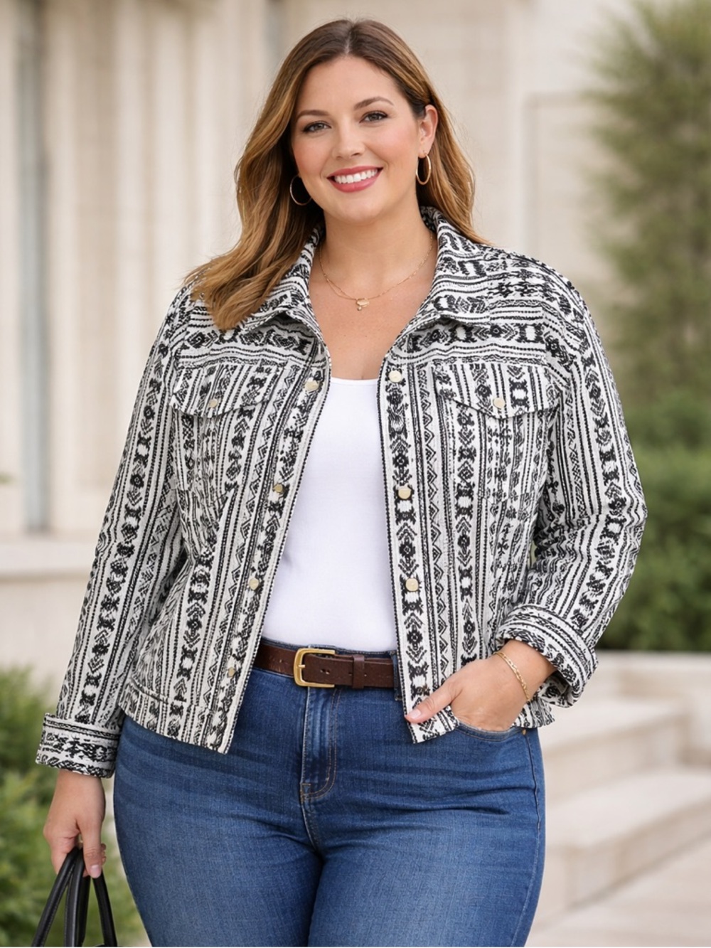 Black & White Aztec Pattern Button-Up Jacket